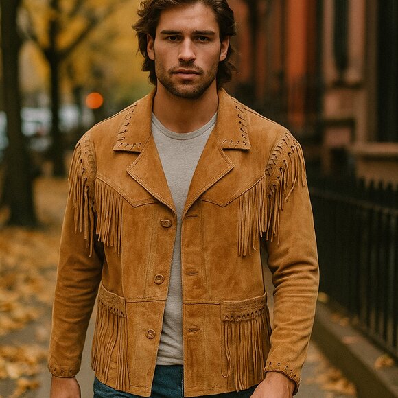 Men's Tan Suede Fringe Jacket - Picture 2 of 16